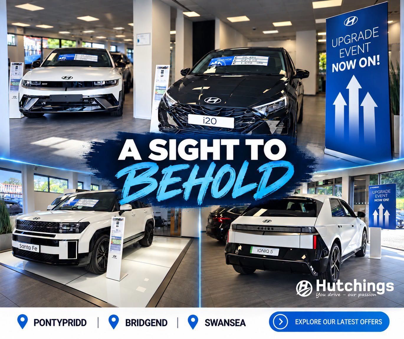 Hyundai cars displayed in a showroom with a sign for an upgrade event.