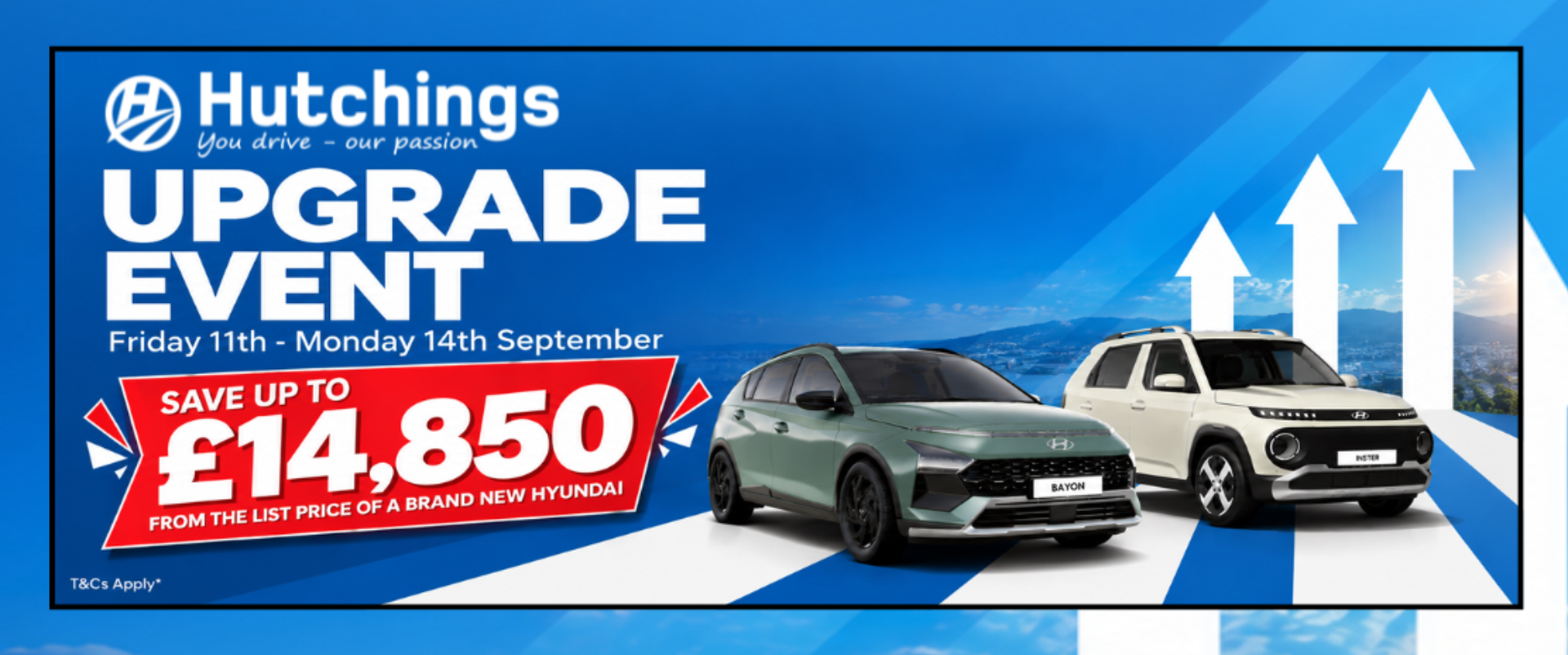 Hutchings upgrade event banner featuring two Hyundai cars and a £14,850 saving notice.