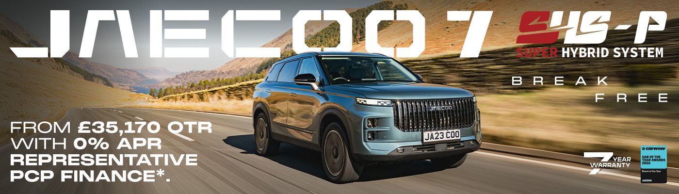 Jaeccoo 7 SUV driving on a road with promotional text regarding pricing and finance options.