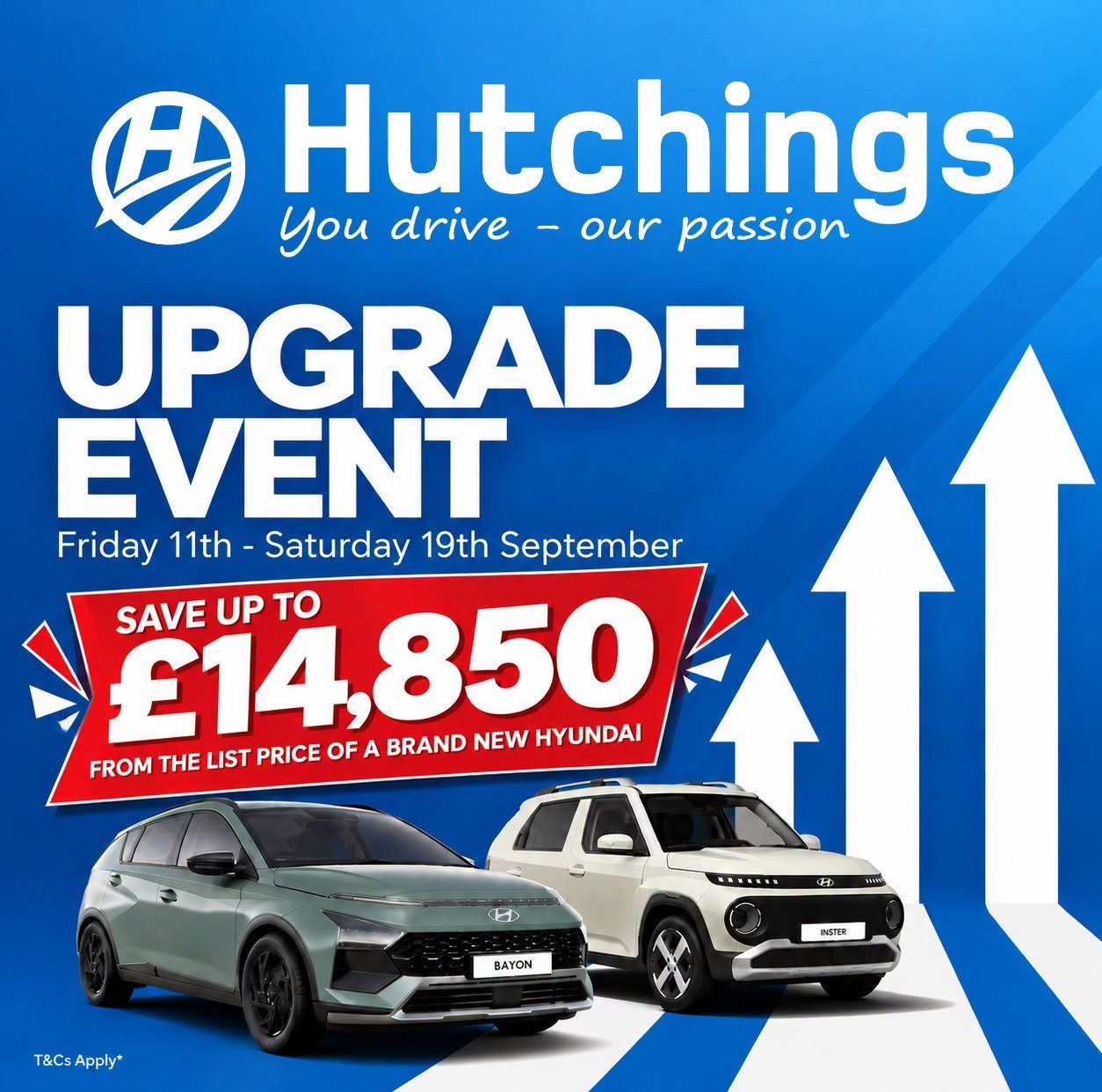 Hutchings upgrade event poster featuring two Hyundai cars with savings details.