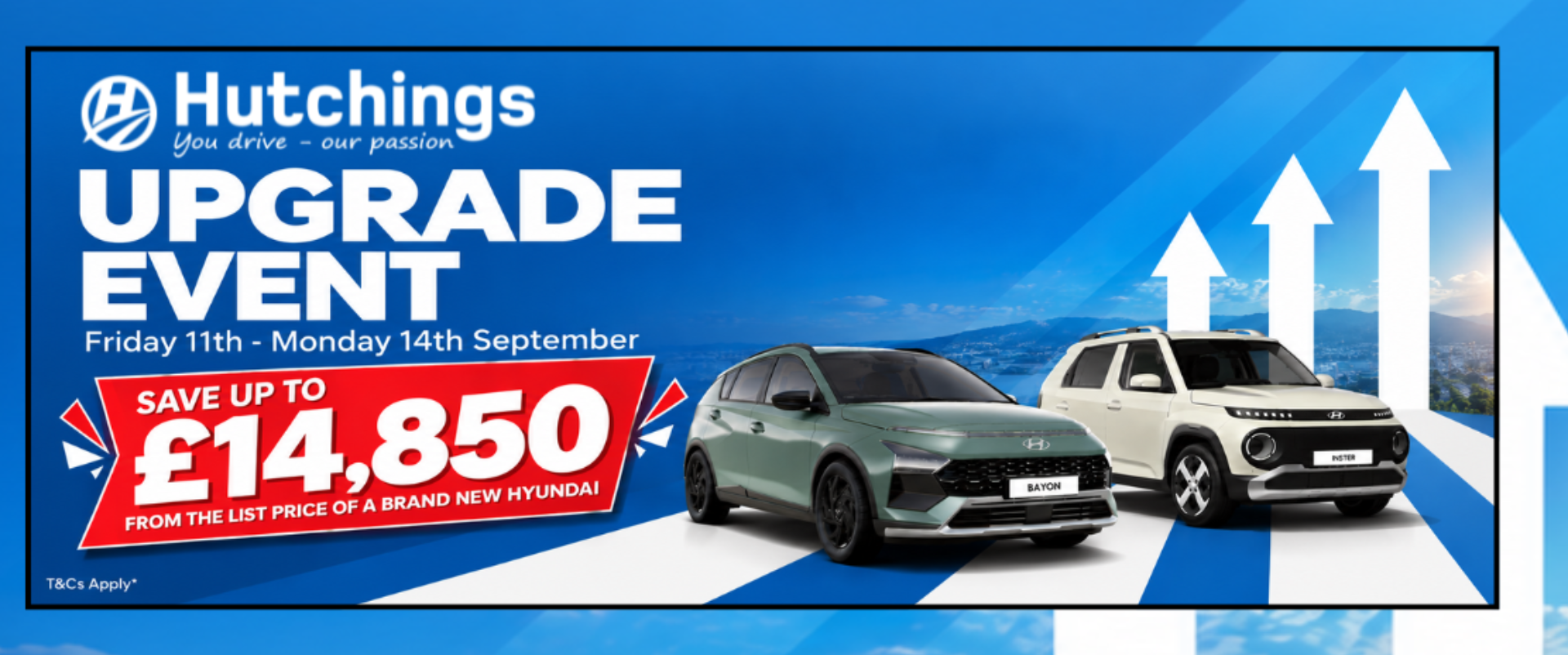 Text announcing Hutchings upgrade event with Hyundai Bayon and Casper cars.
